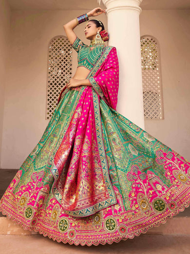 Stunning Teal Green Sequins Embroidered Banarasi Silk Lehenga Choli